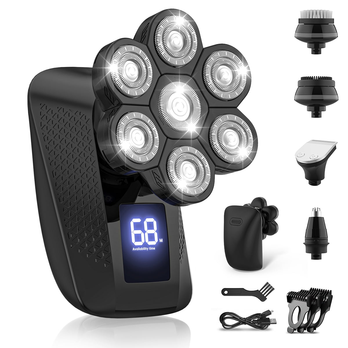 Head Shavers for Bald Men, 7D Electric Shaver Razor with Nose Hair Sideburns Trimmer, IPX7 Waterproof Wet/Dry LED Display Rechargeable Rotary Shaver 5 in 1 Grooming Kit