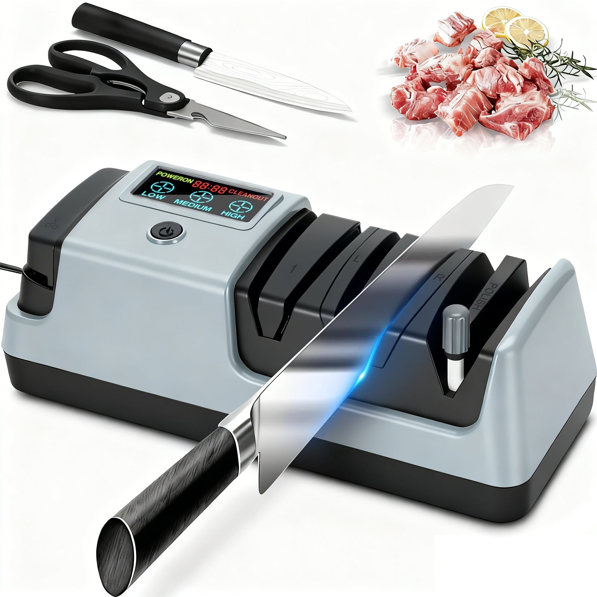 5 in 1 Electric Knife Sharpener with LCD Screen, 3 Rotational Speed Adjustable, 100% Diamond Abrasives, Electric Knife Sharpener for Straight, Serrated, Meat Cleaver, Ceramic Knives & Scissors, Gray