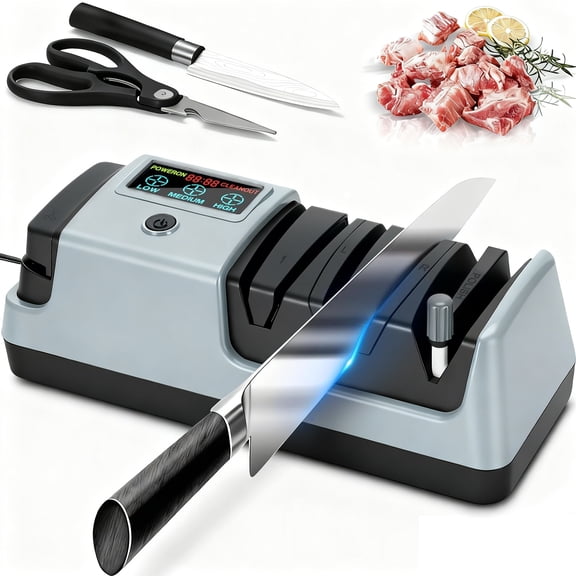 5 in 1 Electric Knife Sharpener with LCD Screen, 3 Rotational Speed Adjustable, 100% Diamond Abrasives, Electric Knife Sharpener for Straight, Serrated, Meat Cleaver, Ceramic Knives & Scissors, Gray