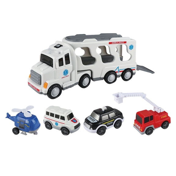 5 in 1 Emergency Rescue Vehicle Carrier Truck Toys, Friction Power Cars with Rescue Helicopter, Police Car, Fire Truck, Ambulance Car, Transport Truck Tough Truckies Fire Truck and Police Car(White)