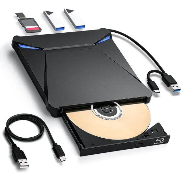 5 in 1 External Blu-ray Burner Drive, USB 3.0 & Type-C DVD/CD/Blu ray Burner Writer with SD/TF Card Reader, Supports 100GB Discs R/W for Windows, Linux, macOS (PC/Laptop/Desktop)