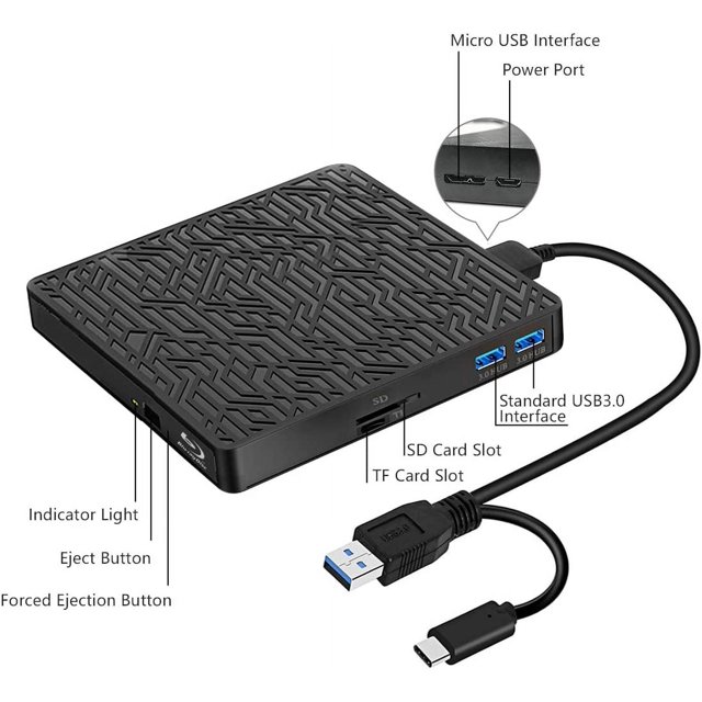 5 in 1 External bluray Drive, USB3.0 TypeC Bluay blueray Drive Slim