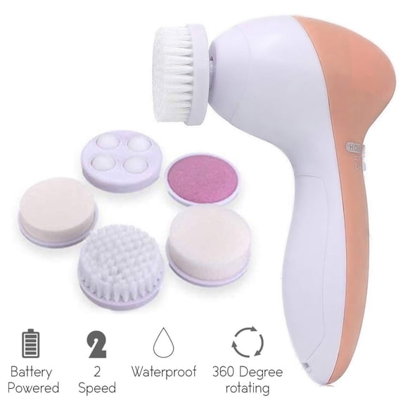 5 in 1 Facial cleansing brush- waterproof face spin brush set, deep cleansing, gentle exfoliating, removing blackheads, massaging, face and body Peach