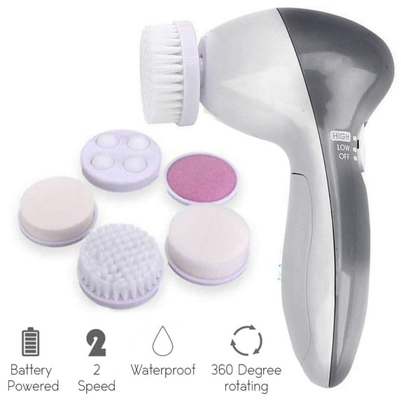 5 in 1 Facial cleansing brush- waterproof face spin brush set, deep cleansing, gentle exfoliating, removing blackheads, massaging, face and body Silver