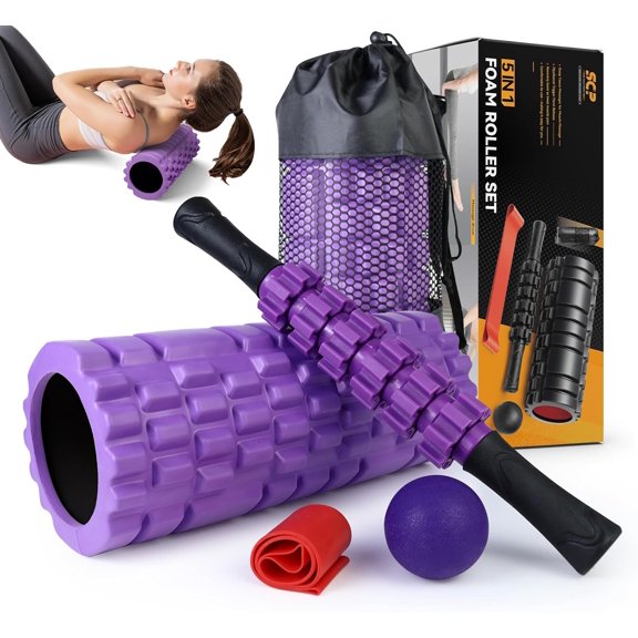 5 in 1 Foam Roller Set for Deep Tissue Muscle Massage, High Density Trigger Point Fitness Patented Exercise Roller, Massage Ball, Resistance Band, Whole Body(Purple)