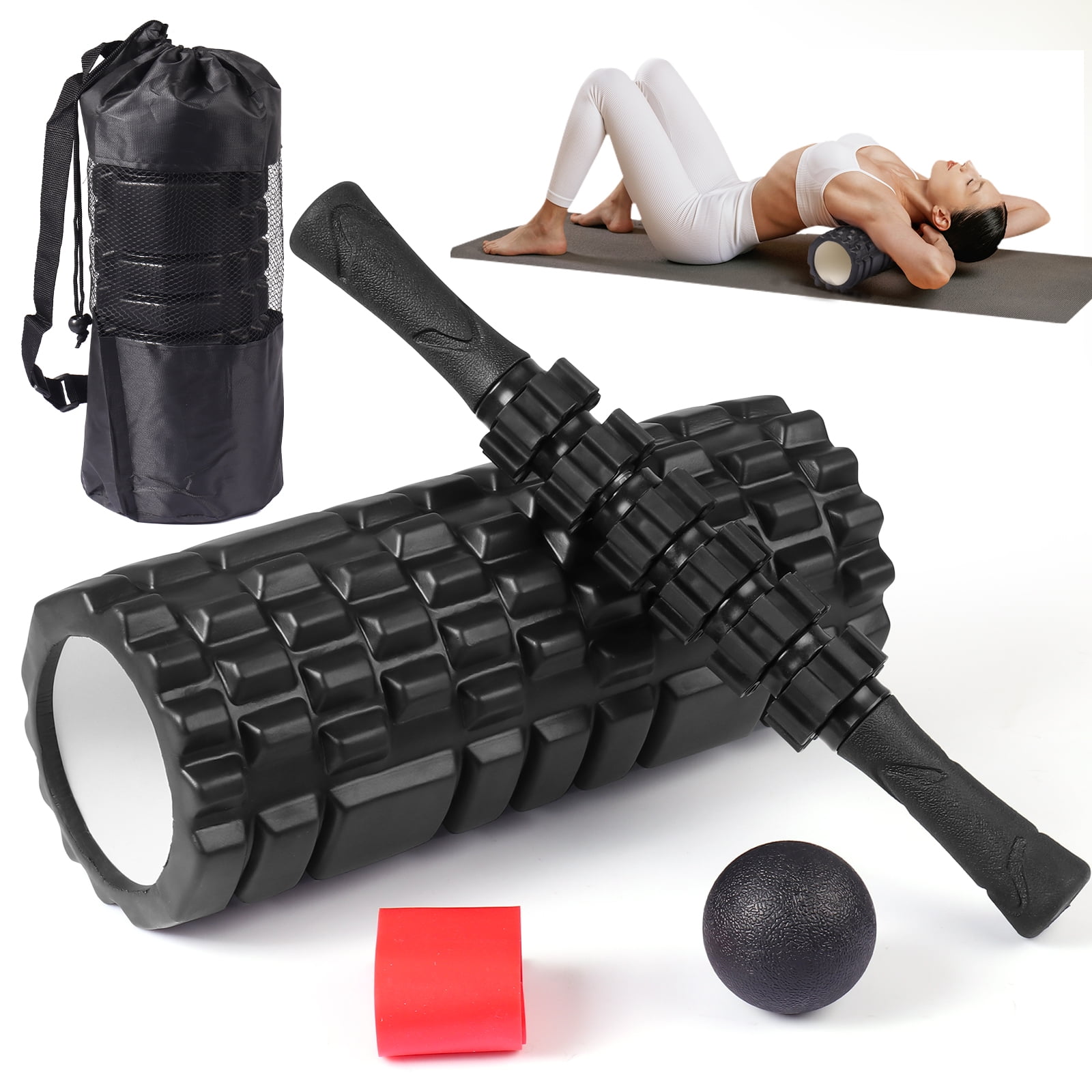 5 in 1 Foam Roller Set, Foam Roller for Fitness Exercise,Massage Roller Stick, Massage Ball, Resistance Band for Deep Muscle Massage Pilates Yoga, Black