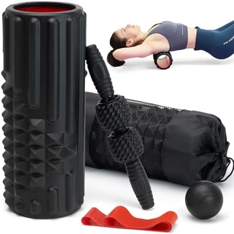 5 in 1 Foam Roller Set, High Density Fitness Exercise Foam Roller for Deep Tissue Muscle Massage, Massage Roller, Massage Ball, Resistance Band, for Whole Body(Black)