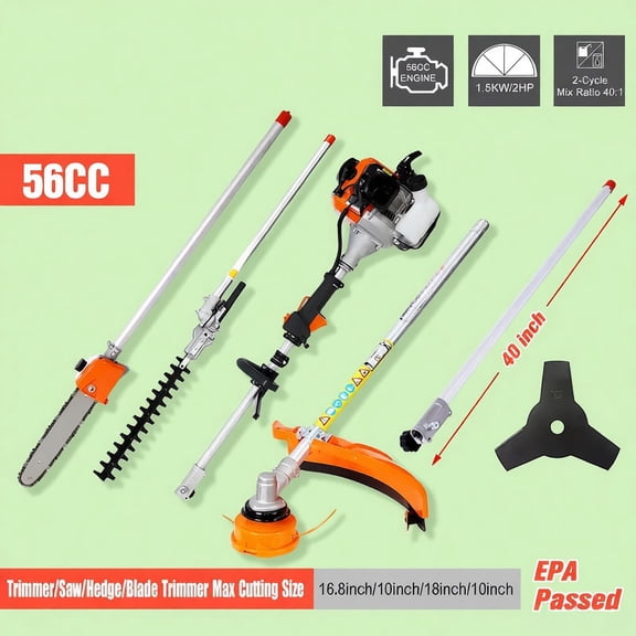 5 in 1 Gas Powered Trimming Tool 56cc 2 Cycle Multi Function Garden System 7000RPM Pole Saw Hedge Trimmer Brush Cutter String Trimmer Attachment for Tree Pruning Bush Trimming Lawn Edging