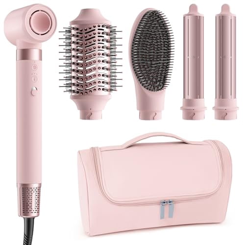 5 in 1 High-Speed Hair Dryer, Hot Air Styler Wrap, Volumizing Brush with Auto Curlers, Fast Drying & Frizz-Free Styling, Straightening, No Heat Damage, Includes Travel Bag - Pink