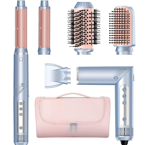 5 in 1 Hot Air Multi-Styler Professional Hair Wrap Styler Set with Air Curlers, Hair Dryer Brush, Straightener, Concentrator for Fast Drying Curling Straightening, Gift for Women,Deep Blue