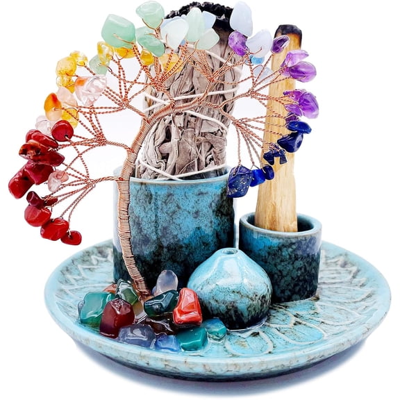5 in 1 Incense Burner Holder with Crystal Healing Tree, Palo Santo Holder, Sage Holder, Incense Holder for Sticks/Cones/Candles, Ceramic Tray Ash Catcher for Burning Incense, Meditation Gift
