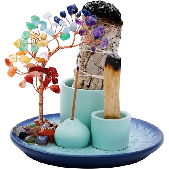 5 in 1 Incense Burner Holder with Crystal Tree for Burning Palo Santo Stick, Sage, Incense Sticks, Candle, Ceramic Tray Ash Catcher, Meditation Gift (Sky-Blue)