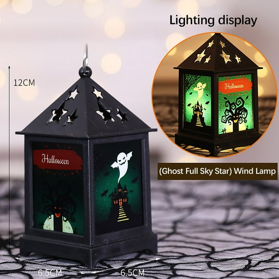 5.1-Inch LED Light Up Black Wood & Metal Halloween Candle Lantern with Pumpkin Ghost Silhouette, Orange Panes and Timer – Indoor Outdoor Lighted Decorative Hanging Tabletop Home Decor