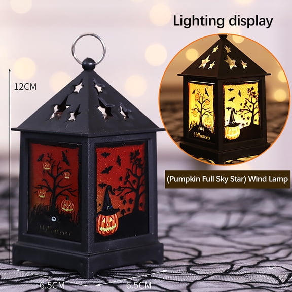 5.1-Inch LED Light Up Black Wood & Metal Halloween Candle Lantern with Pumpkin Ghost Silhouette, Orange Panes and Timer – Indoor Outdoor Lighted Decorative Hanging Tabletop Home Decor