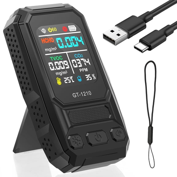 5 In 1 Air Quality Monitor, Rechargeable HCHO TVOC CO2 Gas Detector Tester with HD Color Screen for New House, Office, RV, Home Camping, Black