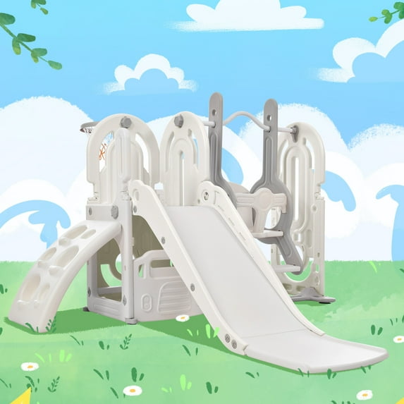 5 in 1 Kid Slide Playset Structure, Indoor Outdoor Backyard Playground Playset, Freestanding Slide and Swing Set with Climbing Ramp & Basketball Hoop for Toddlers, Kids Indoor & Outdoor,Gray