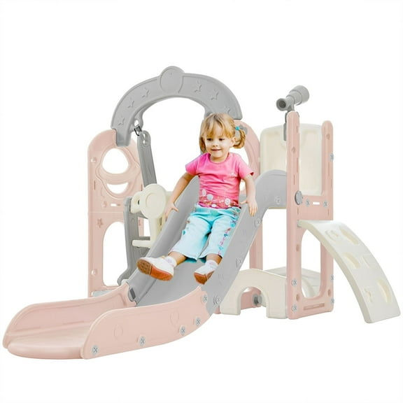 5 in 1 Kids Slide and Swing Set for Indoor and Outdoor, Freestanding Slide for Toddler Playground Slipping Slide Climber Toy Playset with Basketball Hoop, Telescope