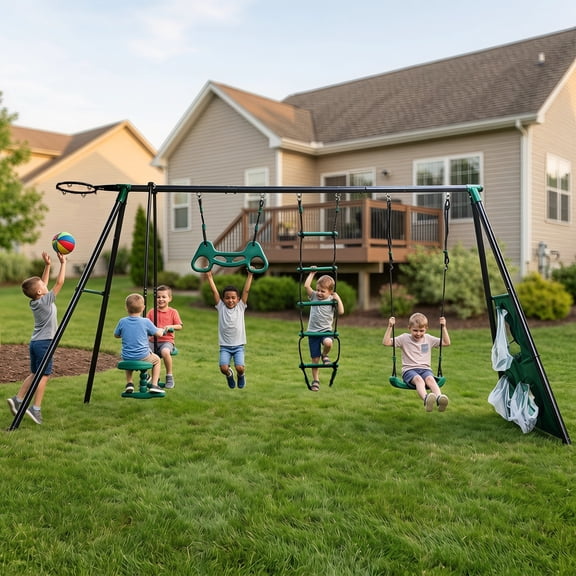 5 in 1 Kids Swing Set, Outdoor Playground Swing Set with Swing, Slide, Climber, Basketball Hoop and Soccer Net, 550lbs Capacity Metal Frame- Blackish Green