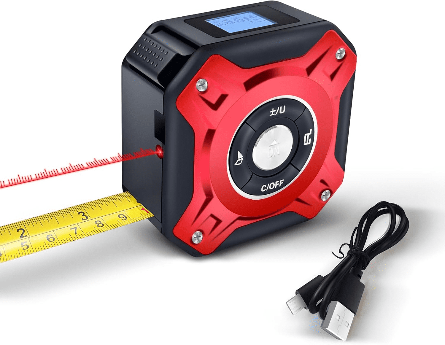 5 in 1 Laser Tape Measure with Level | 196ft/60M Laser Distance Meter Display On Backlit LCD Screen with 16ft/5m AutoLock Measuring Tape | Ft/Inch/Fractions/M/mm (Red 2in1 Laser)
