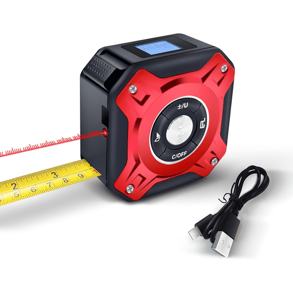 5 in 1 Laser Tape Measure with Level | 196ft/60M Laser Distance Meter Display On Backlit LCD Screen with 16ft/5m AutoLock Measuring Tape | Ft/Inch/Fractions/M/mm (Red 2in1 Laser)