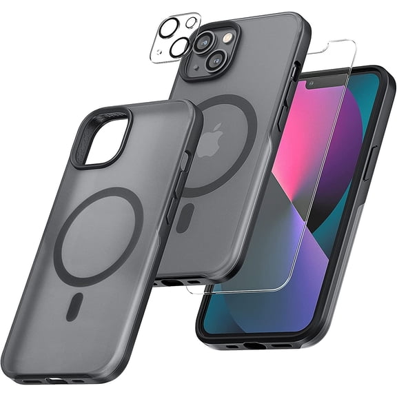 TAURI [5 in 1] Magnetic Case for iPhone 13 [Military Grade Drop Protection] with 2X Tempered Screen Protector +2X Camera Lens Protector, Translucent Matte Slim Fit iPhone 13 Mag-Safe Case 6.1 -Black