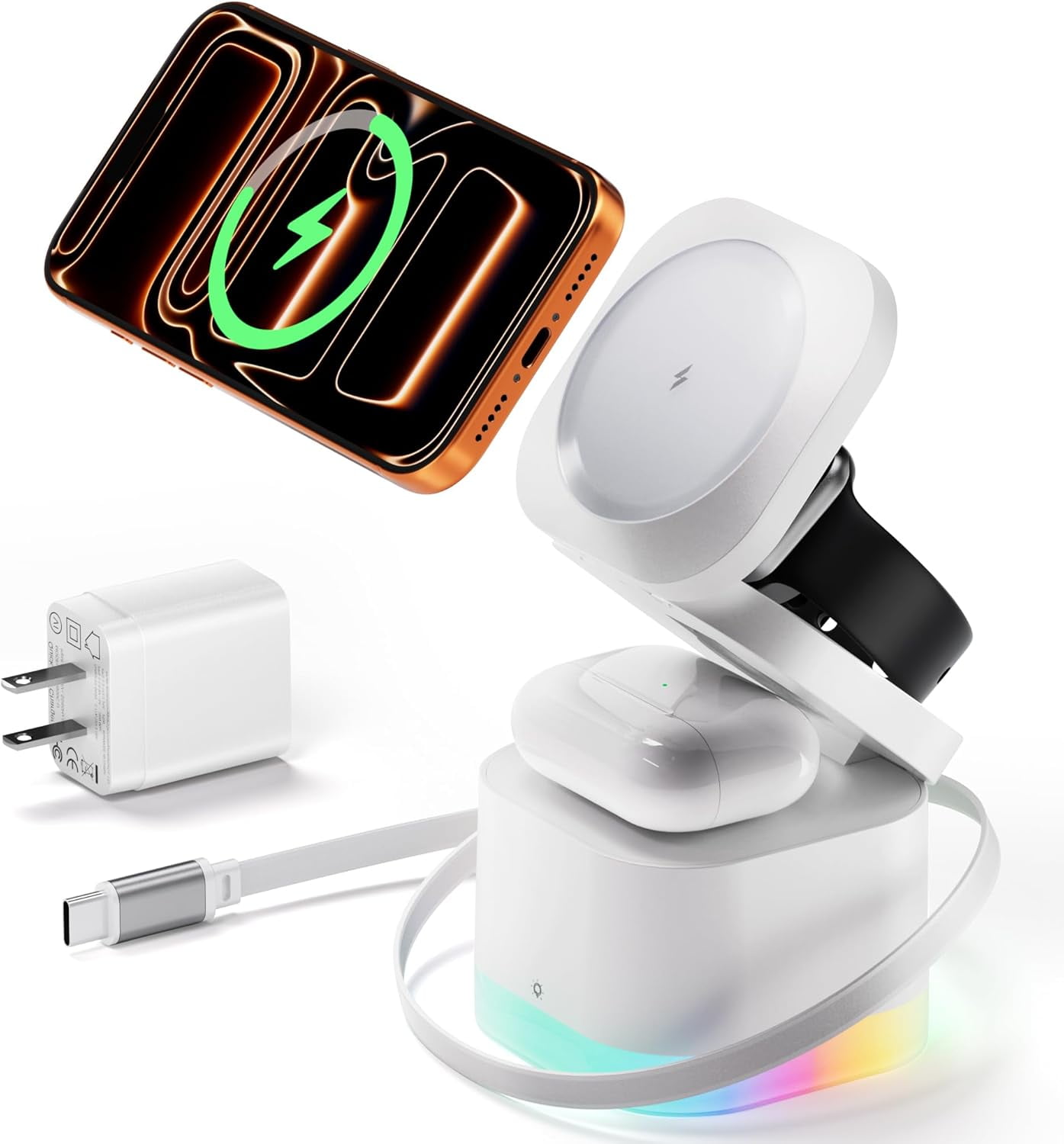 5 in 1 Magnetic Wireless Charger Stand with Night Light, Foldable Wireless Charging Station Built-in Retractable Cable, Fast Wireless Charger for iPhone 17/16/15/14/13/12, Apple Watch, AirPods Pro 3