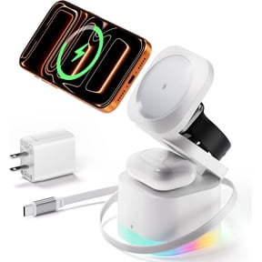 5 in 1 Magnetic Wireless Charger Stand with Night Light, Foldable Wireless Charging Station Built-in Retractable Cable, Fast Wireless Charger for iPhone 17/16/15/14/13/12, Apple Watch, AirPods Pro 3