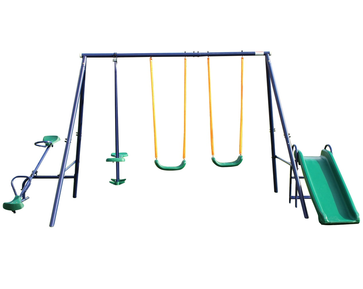 Blue Metal Outdoor Swing Set with Slide and Glider
