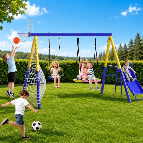 5 in 1 Metal Swing Sets for Backyard, SHINPT Outdoor Kids Swing Set with Slide, Saucer Swing Seat, Belt Swing Seat, Basketball Hoop, Soccer Net, Heavy Duty Backyard Playground Set for Kids
