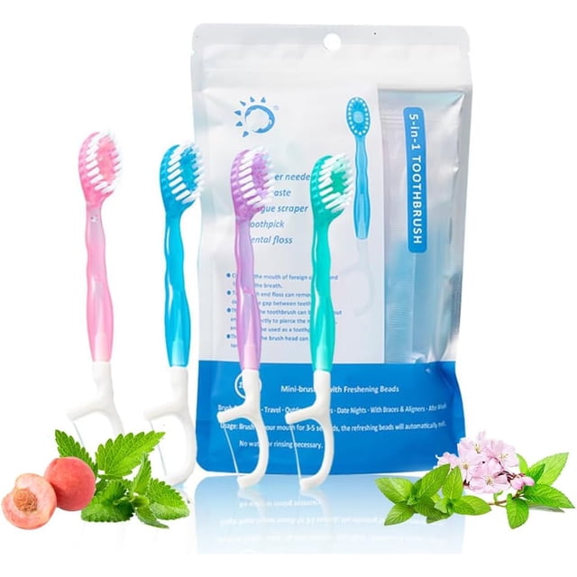 5 in 1 Mini Toothbrush & Floss & Tongue Scraper & Toothpick Set, 5 in 1 ...