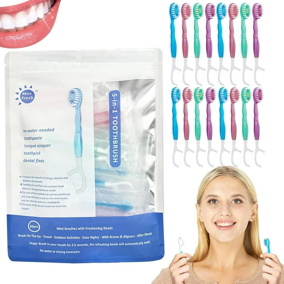 5 in 1 Mini Travel Toothbrush, Portable Travel Toothbrush with Toothpaste, 5-in-1 Mini Tooth Brush & Floss & Tongue Scraper & Toothpick Set, All in One Oral Care