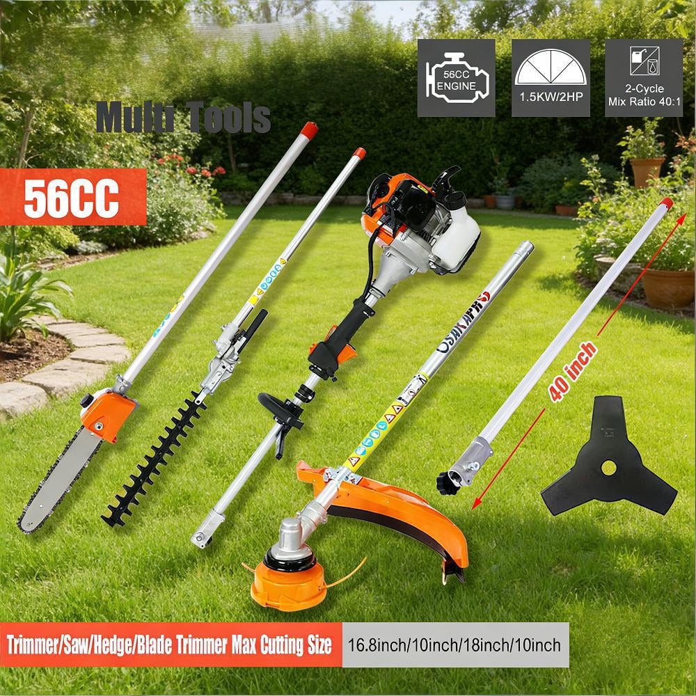 5 In 1 Multi Tool 56CC 2 Cycle Gas Full Crank Shaft Engine Pole Saw Hedge Trimmer Grass String Brush Cutter 40In Extension Pole 4 Professional Attachments Quick Change System Orange Black Large Kit