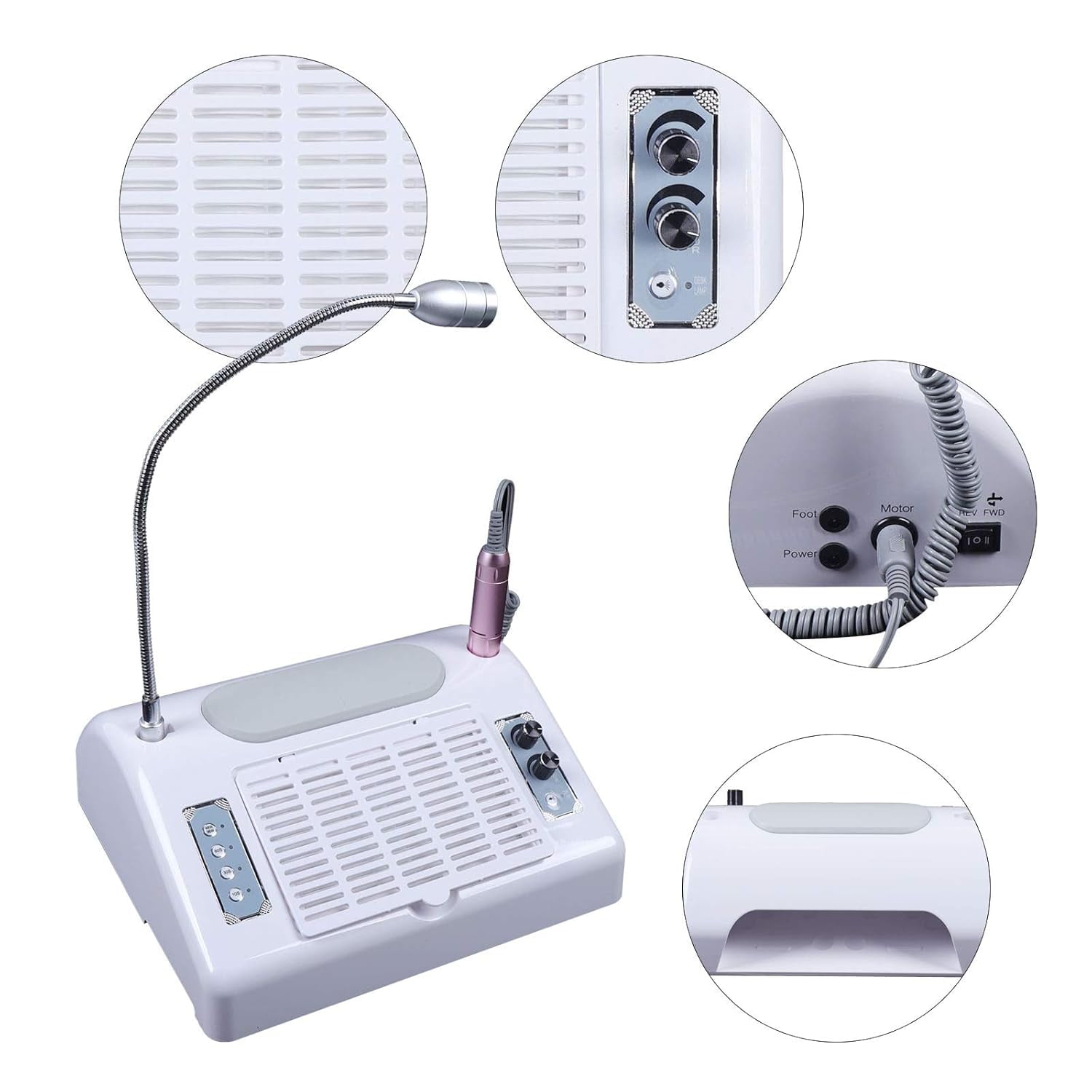 5 in 1 Nail Dust Collector with Drill, Multifunctional Electric Nail Drill Machine with Dust Collector LED Desk Lamp Hand Rest Pillow for Acrylic Nails for Nails Salon & Home Manicure