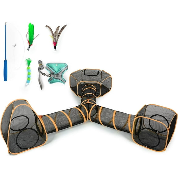5 in 1 Outdoor Cat Tents with Tunnels for Outside - Cat Enclosures for Indoor Cats with 1 Cat Harness and Leash for Walking, 1 Cat Wand Toys, 3 Cat Feather Toys - Cat Playpen and Indoor Catio