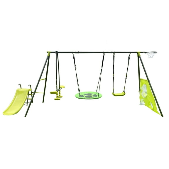 5 in 1 Outdoor Metal Swing Set with Basketball Hoop, Glider Swing, Heavy-Duty A-Frame Metal Outdoor Stand and Double Wall Slide, Metal Playset for Kids with Slide