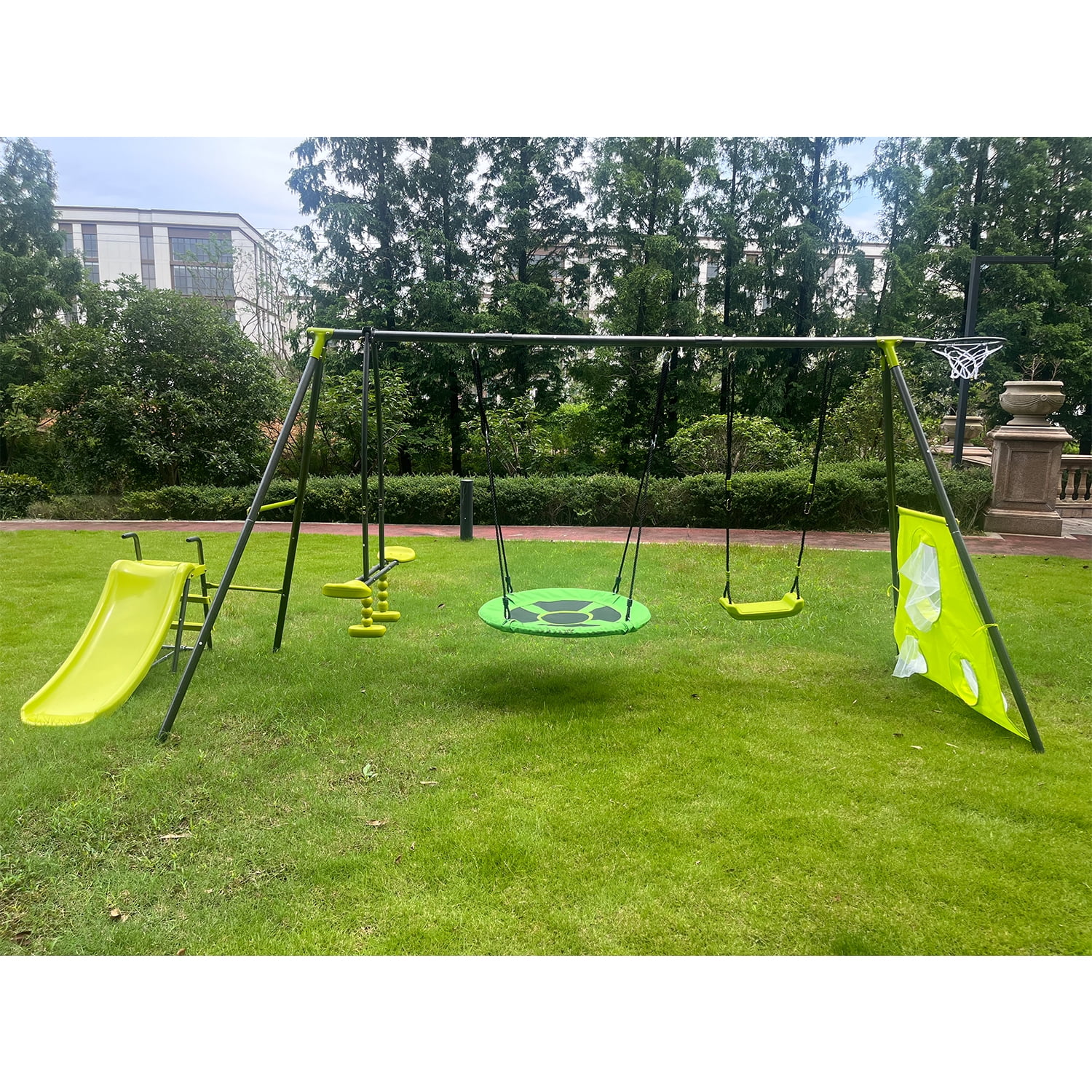 5 in 1 Outdoor Metal Swing Set with Seesaw Swing, Playground Swing Sets