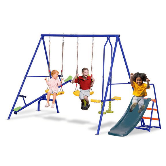 5 in 1 Outdoor Toddler Swing Set for Backyard, SHINPT Playground Swing Sets with 2 Belt Swings and Teeter-totter, Multifunction Playsets with Slide and Glider, Metal Swing Set with 700 lbs Capacity