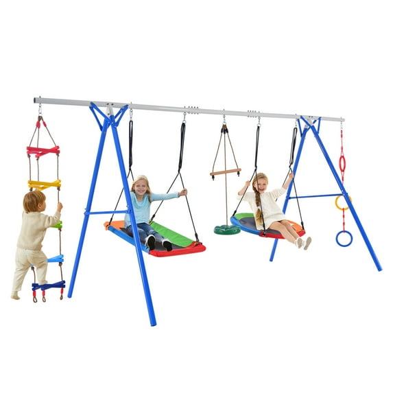 5 in 1 Outdoor Toddler Swing Set,Playground Swing Set with Steel Frame for Kids,Multifunction Playsets with Climbing Ladder,Saucer Swing,Monkey Bar Swing,Disc Swing and Swing Loop,Blue