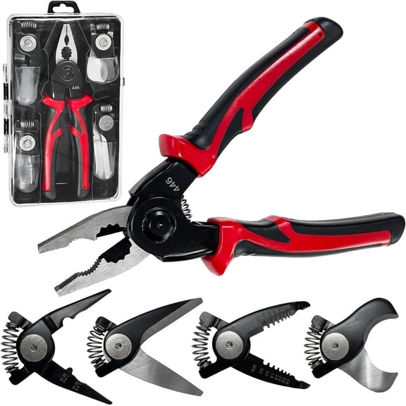 5 in 1 Pliers Set with 5 Interchangeable Tool Heads - Wire Stripper, Crimping Plier, , Electrician , Linesman Plier - 8 Inch Handle with Storage Case
