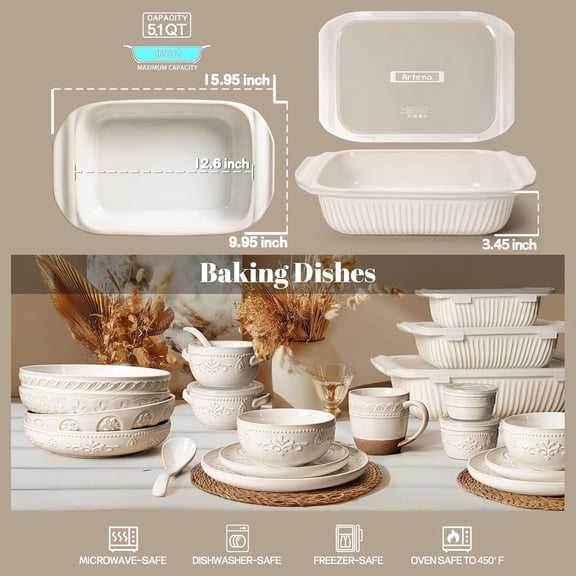 5.1 Quart Ceramic Baking Dish with Lids, Rectangular Casserole Pan for Oven, White Bakeware Set