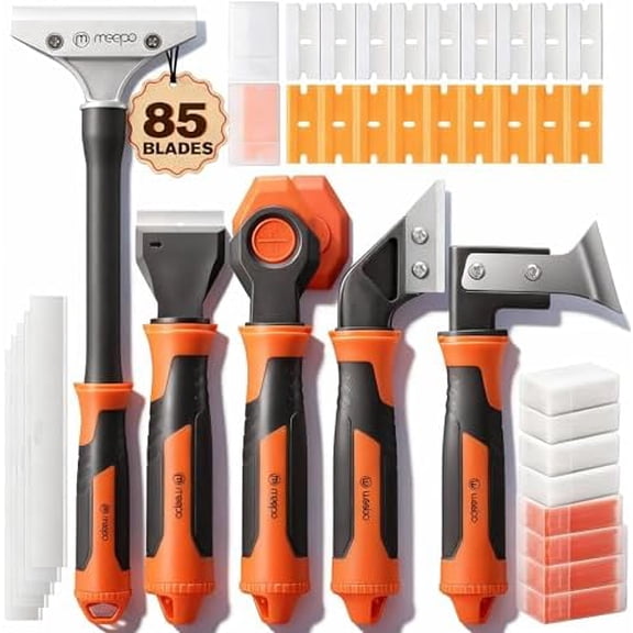 5 in 1 Razor Blade Scraper & Caulking Tool Set, with 80 pcs Razor Blades & 5 pcs Scraper Blades, Extentable & Detachable Scraper Tool Oven Cleaner Caulk Grout Remover Tool for House Cleaning