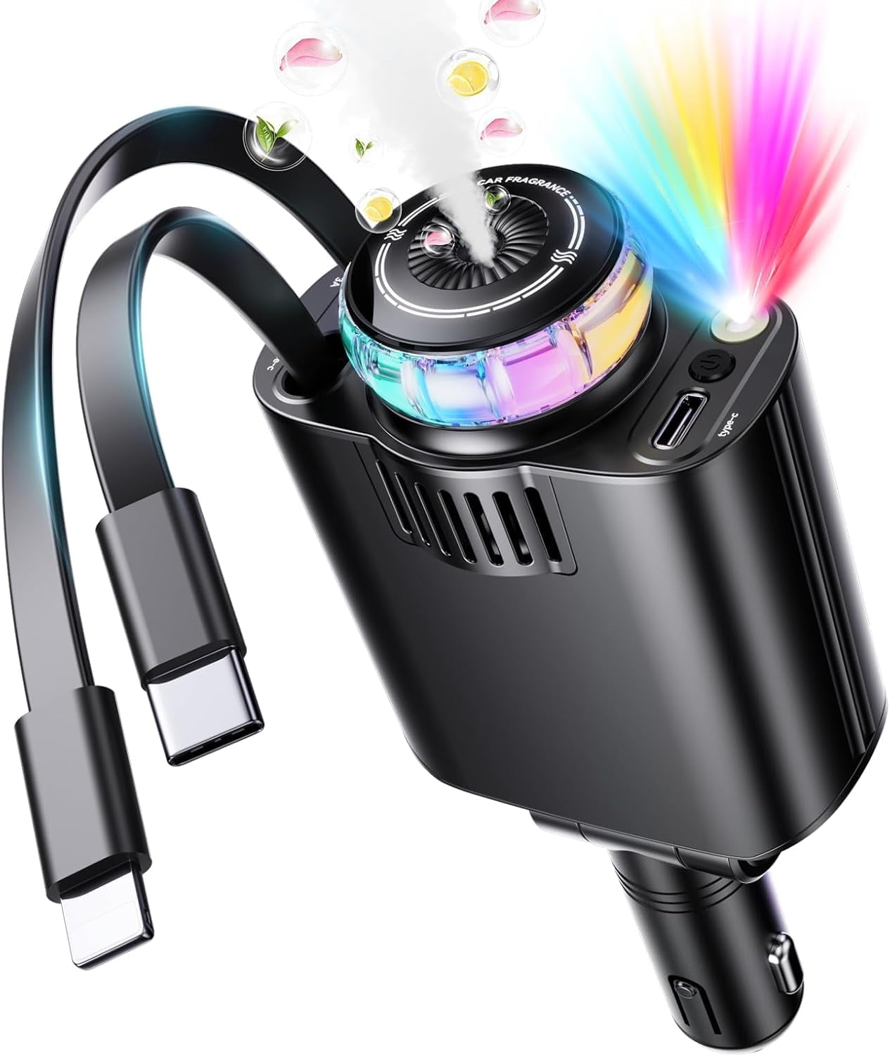 5 in 1 Retractable Car Charger with Aromatherapy and Starlight, USBC Car Charger Adapter, 69W Fast Charging Cars Phone Chargers, Cars Air Freshener Compatible for iPhone 16 15 14 13 12