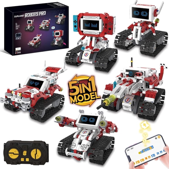 5 in 1 Robot Building Blocks Set, APP & Remote Control Programmable STEM Toy with Dynamic LED Eyes, Articulated Head & Arms, Educational Building Blocks, 358PCSEEMEY
