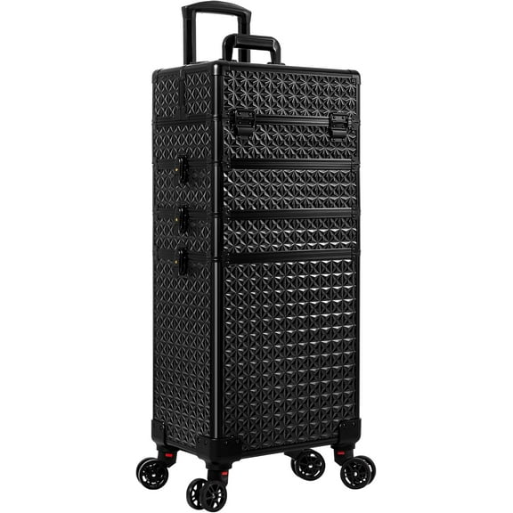 5 in 1 Rolling Makeup Train Case Cosmetology Case on Wheels Large Cosmetic Organizer Travel Cart for Hairstylist Artist Nail Beauty Salon Barber,Black