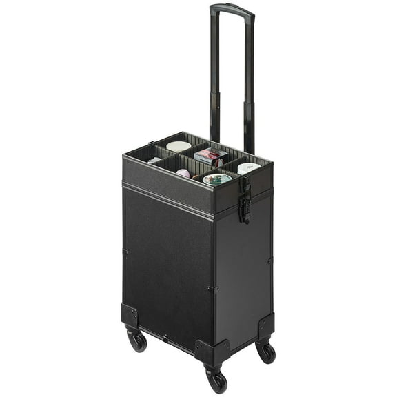 5 in 1 Rolling Makeup Train Case with Wheels, Large Professional Cosmetic Organizer Trolley for Travel, Aluminum Swivel Case with Adjustable Handle, Black