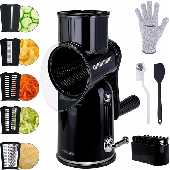 5 in 1 Rotary Cheese Grater Vegetable Slicer with Handle - Upgraded Hand Crank Cheese Grater with Handle and Strong Suction Base, Multi-Purpose Slicer with 5 Well-Designed Blades (Black)