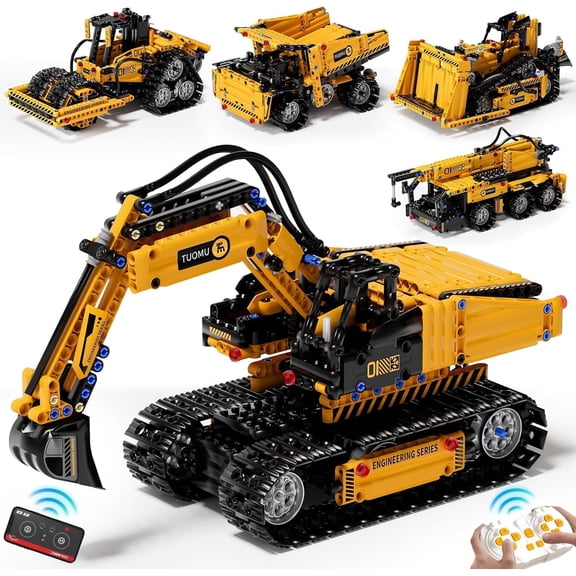 5 in 1 STEM Building Block Set for Kids Ages 8-14, Remote Control and App Controlled Excavator/Crane/Truck/Bulldozer/Roller, Birthday Gift for 8 9 10 11 12+ Years Old