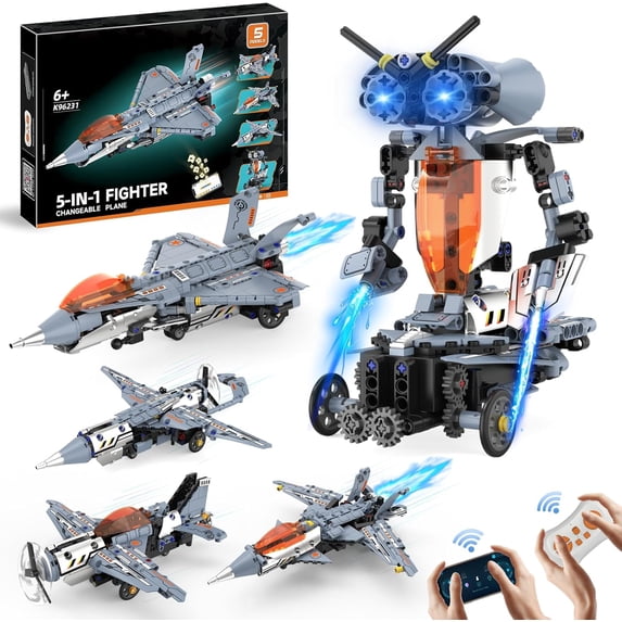 5 in 1 STEM RC Robot Building Kit, Fighter Jet Airplane Building Set with APP & 2.4GHz Remote Control, Technic Transformable Fighter Plane Toys for Kids Boys Age 6 7 8 9 10 11 12+, Birthday Gifts