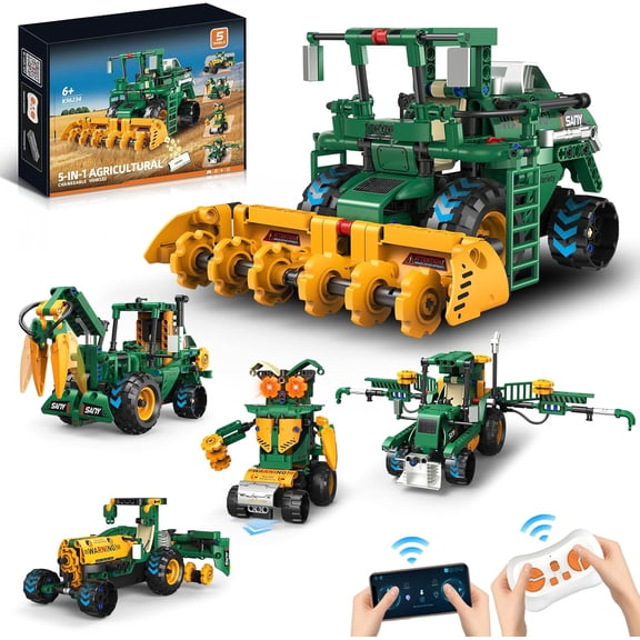 5 IN 1 STEM Robot Toys Building Kits, App & Remote Control STEM Harvester/Plowing Cart/Water Truck Robot Building Set, Programmable Transformers RC Robotic