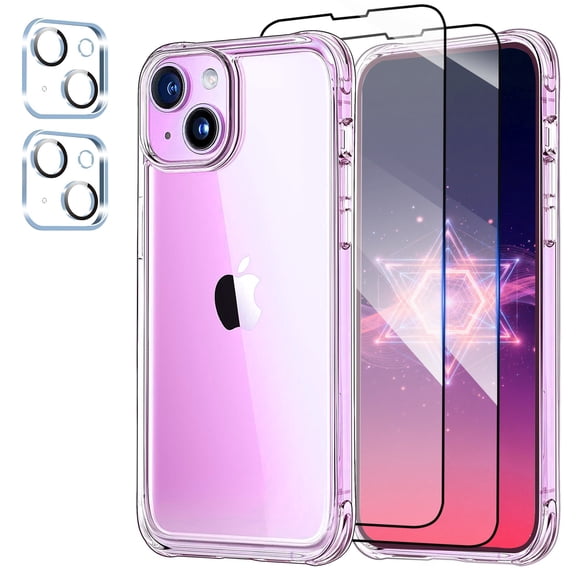 5 in 1 Set iPhone 15 - 6.1", 1 Phone Case + 2 Screen Protector + 2 Camera Lens Protector, Shockproof Drop HD Tempered Glass and Non-Yellowing Transparent Case for iPhone 15